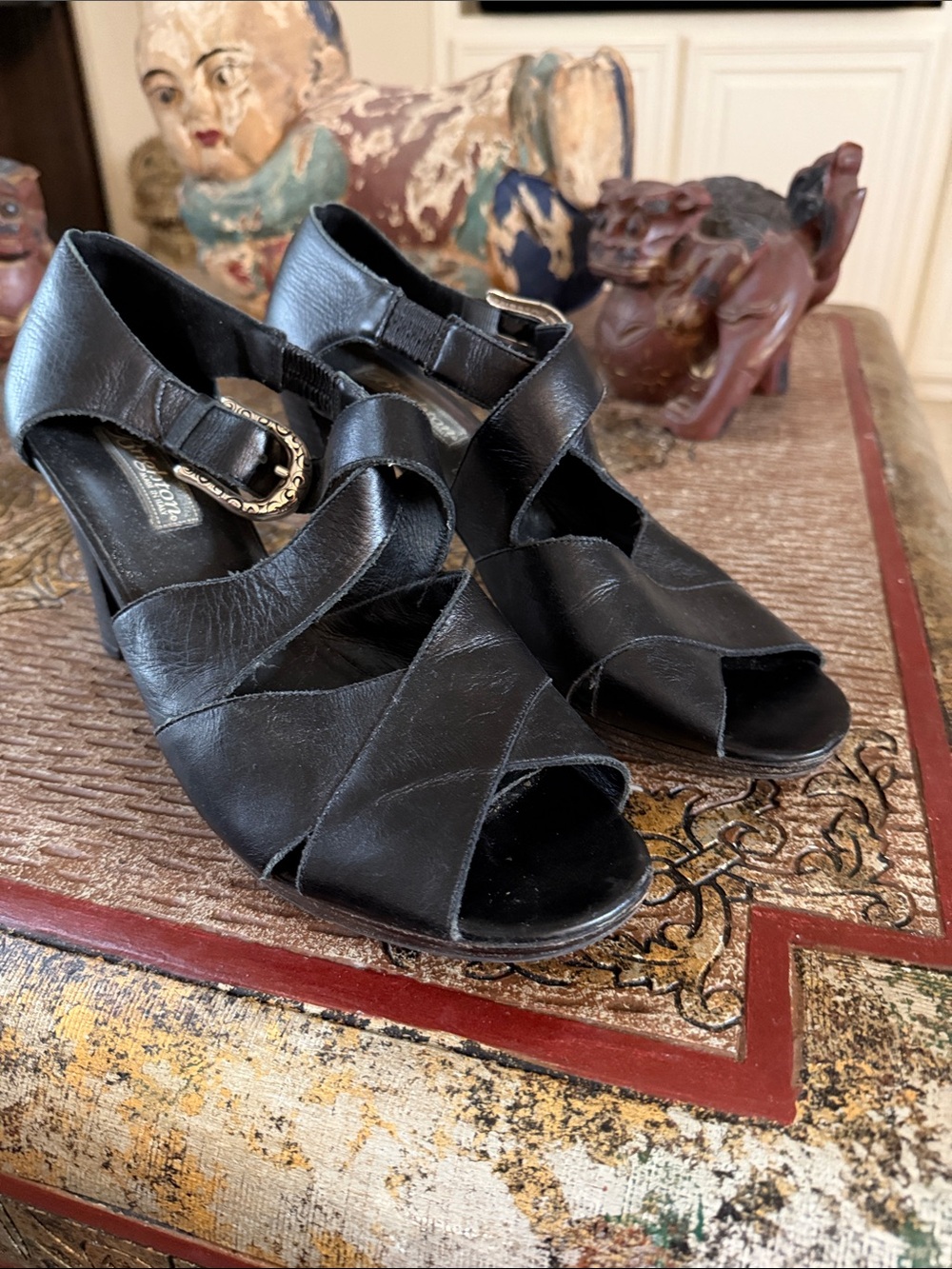 Brighton Black Leather Strappy Peep-Toe Heels with Buckle
